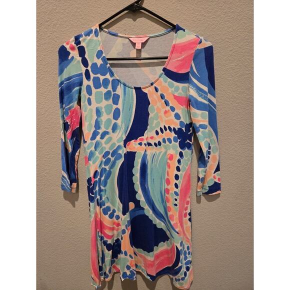 Lilly Pulitzer XS Ocean Jewels Print Asymmetric Swing Dress 3/4 Sleeve - Picture 1 of 6